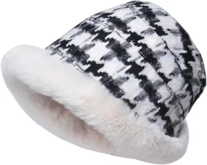 Miyaomn Women's Winter Fluffy Furry Snow Bucket Hat Outdoor Rolled Brim Faux Fur Stylish Print Cloche Hats with Fleece Lining