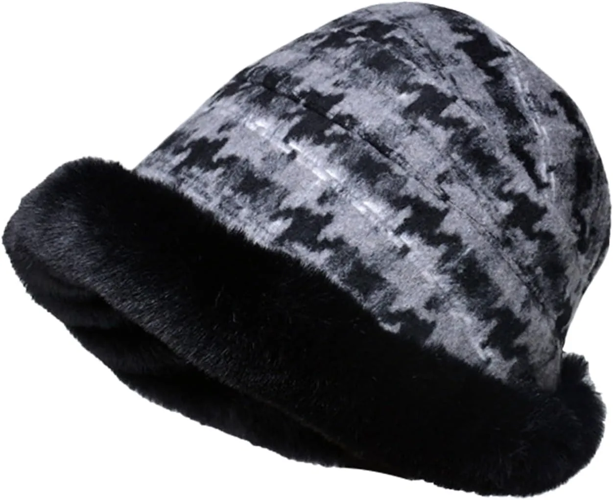 Miyaomn Women's Winter Fluffy Furry Snow Bucket Hat Outdoor Rolled Brim Faux Fur Stylish Print Cloche Hats with Fleece Lining
