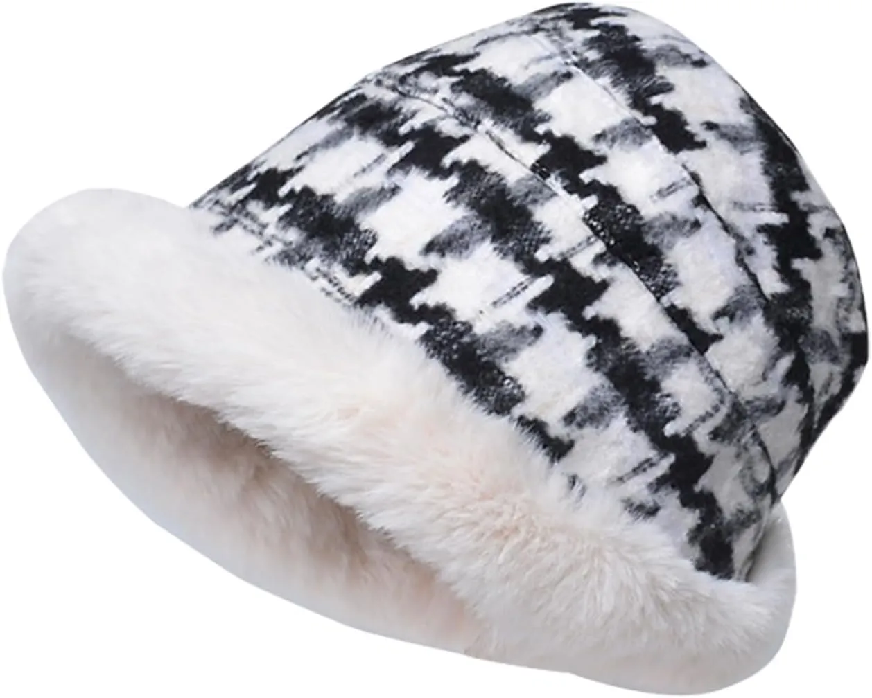Miyaomn Women's Winter Fluffy Furry Snow Bucket Hat Outdoor Rolled Brim Faux Fur Stylish Print Cloche Hats with Fleece Lining