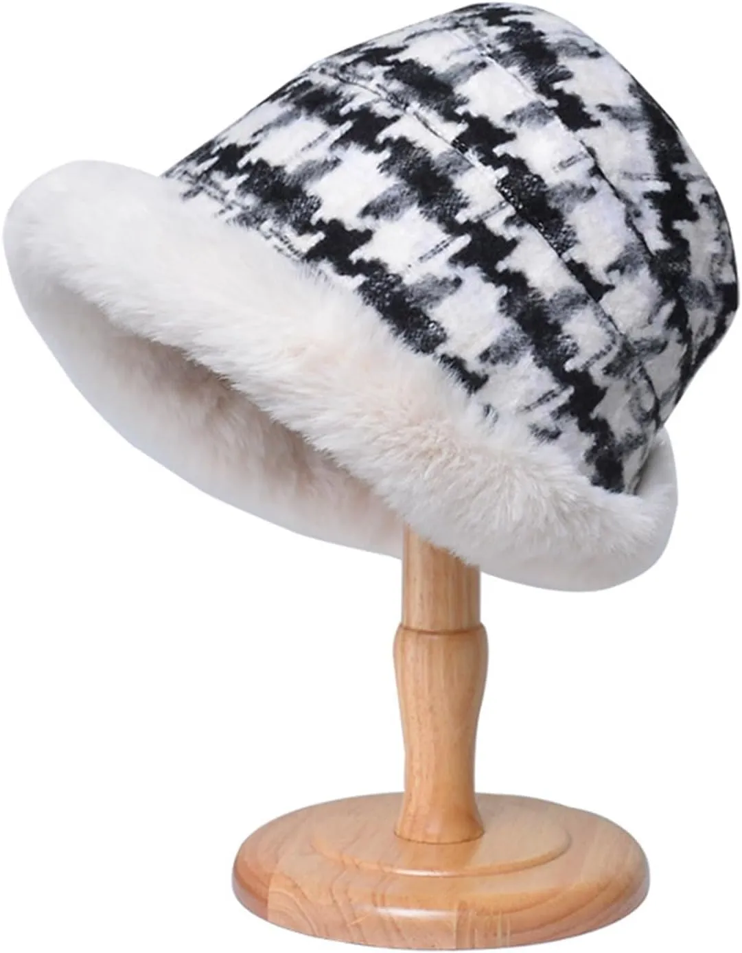 Miyaomn Women's Winter Fluffy Furry Snow Bucket Hat Outdoor Rolled Brim Faux Fur Stylish Print Cloche Hats with Fleece Lining