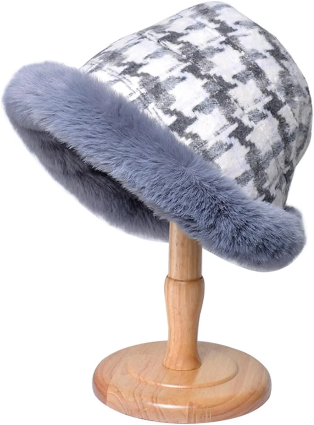 Miyaomn Women's Winter Fluffy Furry Snow Bucket Hat Outdoor Rolled Brim Faux Fur Stylish Print Cloche Hats with Fleece Lining