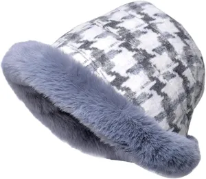 Miyaomn Women's Winter Fluffy Furry Snow Bucket Hat Outdoor Rolled Brim Faux Fur Stylish Print Cloche Hats with Fleece Lining