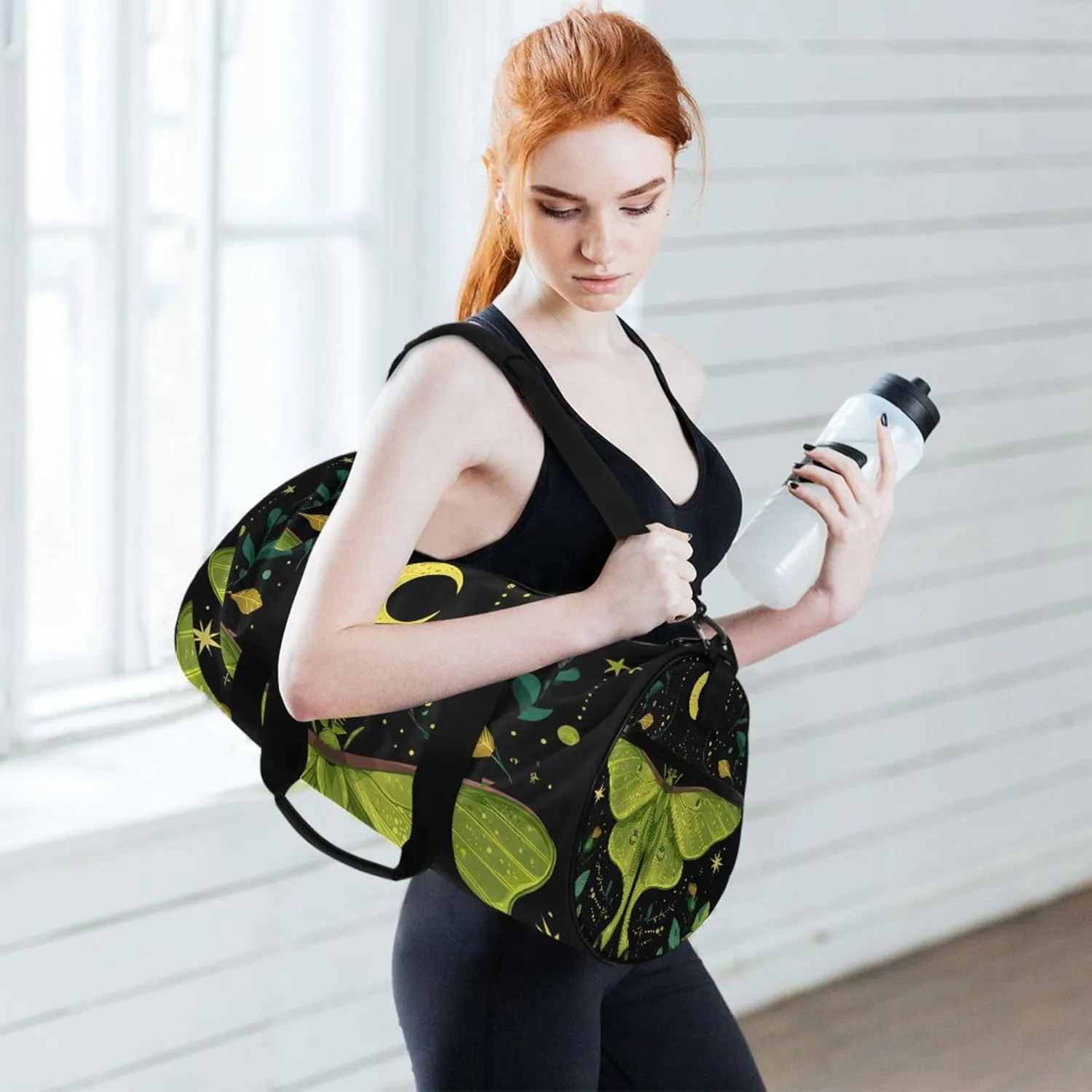 MNSRUU Sports Duffel Bags, Mystical Green Moth Athletic Gym Bag Overnight Workout Travel Tote Luggage for Men Women Yoga