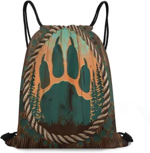 Modern Wood Board Bear Claw Drawstring Bags,Drawstring Backpack For Gym Travel Swimming Hiking Camping