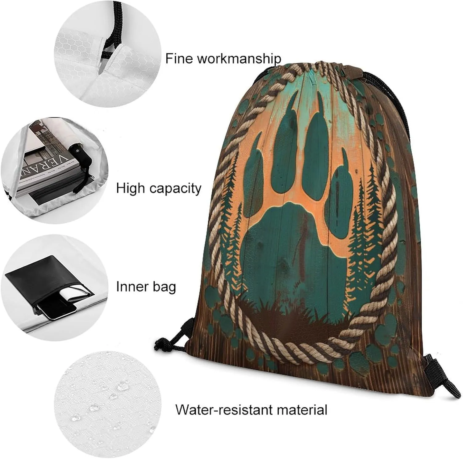 Modern Wood Board Bear Claw Drawstring Bags,Drawstring Backpack For Gym Travel Swimming Hiking Camping