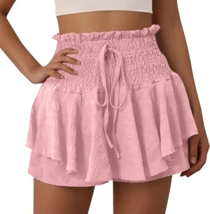 Mokkpeq Women's Beach Skorts with Lining | High Waist Lace Up Tiered-Ruffled Shorts | Summer Casual Layered Yoga Skirt Shorts