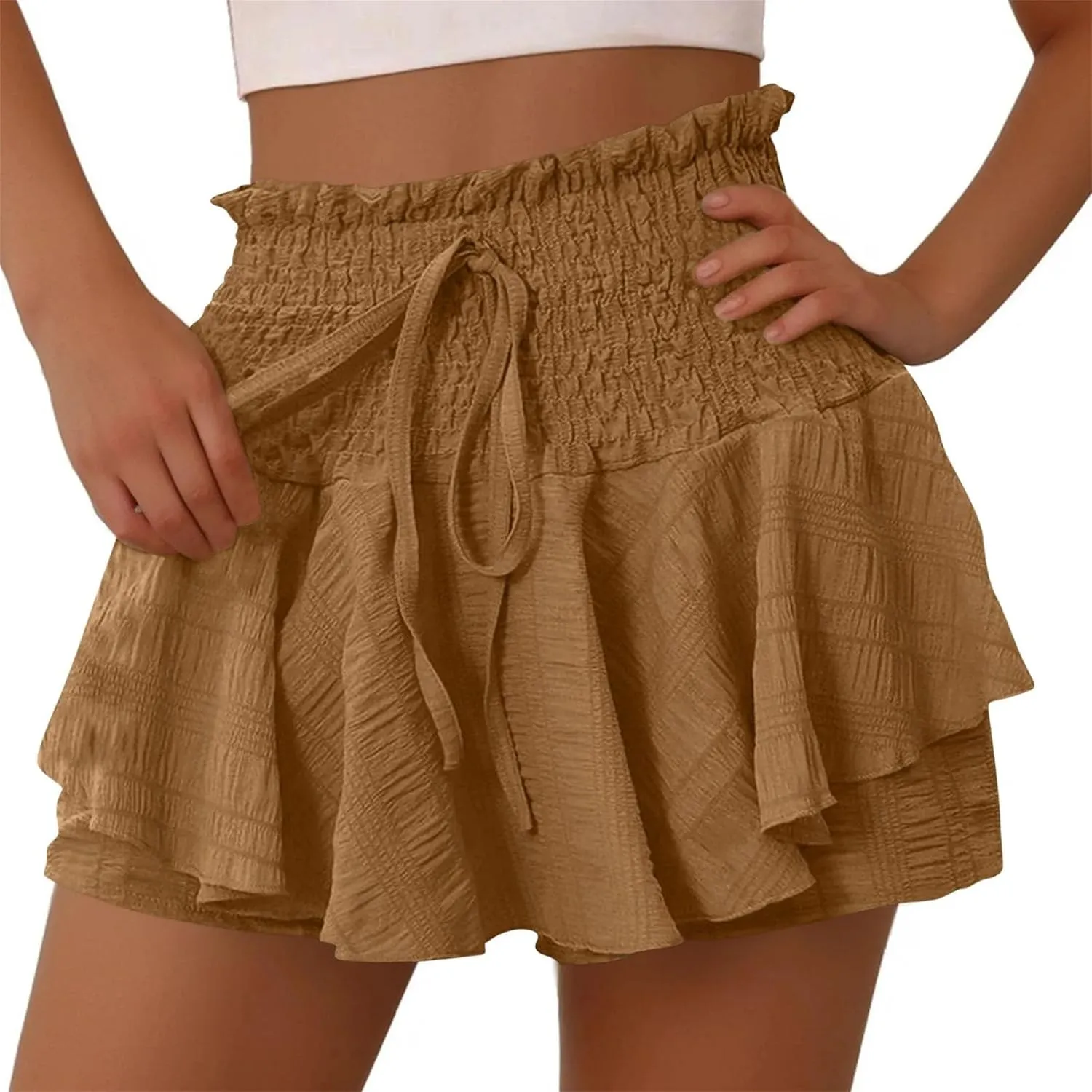 Mokkpeq Women's Beach Skorts with Lining | High Waist Lace Up Tiered-Ruffled Shorts | Summer Casual Layered Yoga Skirt Shorts