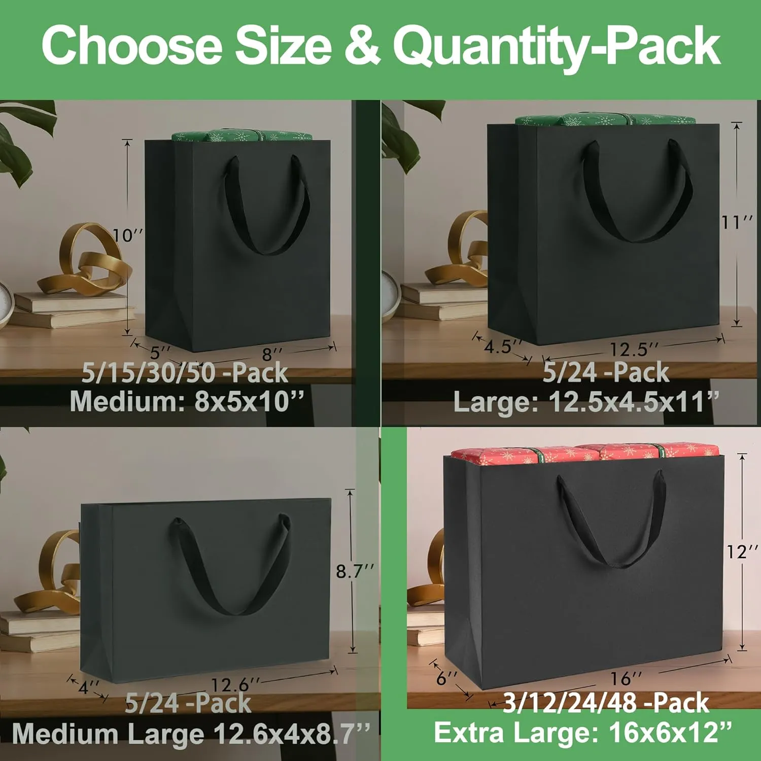 MOXARYSU Black Gift Bags With Handles: 16x6x12 Inch 12pcs Extra Large Black Paper Bags Bulk For Party Shopping Birthday Wedding (XL, 12)