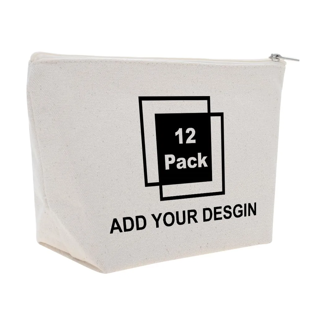 Muka 12 Pack Personalized Cotton Makeup Bags with Logo Text 9-1/2 x 5-1/2 x 3 Inches-Natural