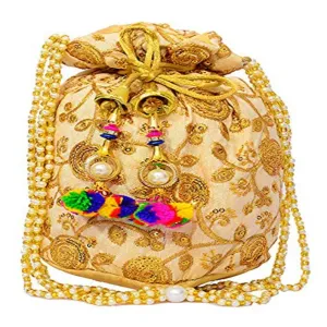 Multicolored Embroidered Silk Potli Bag With Pearl Drawstrings Wristlet Ethnic Clutch