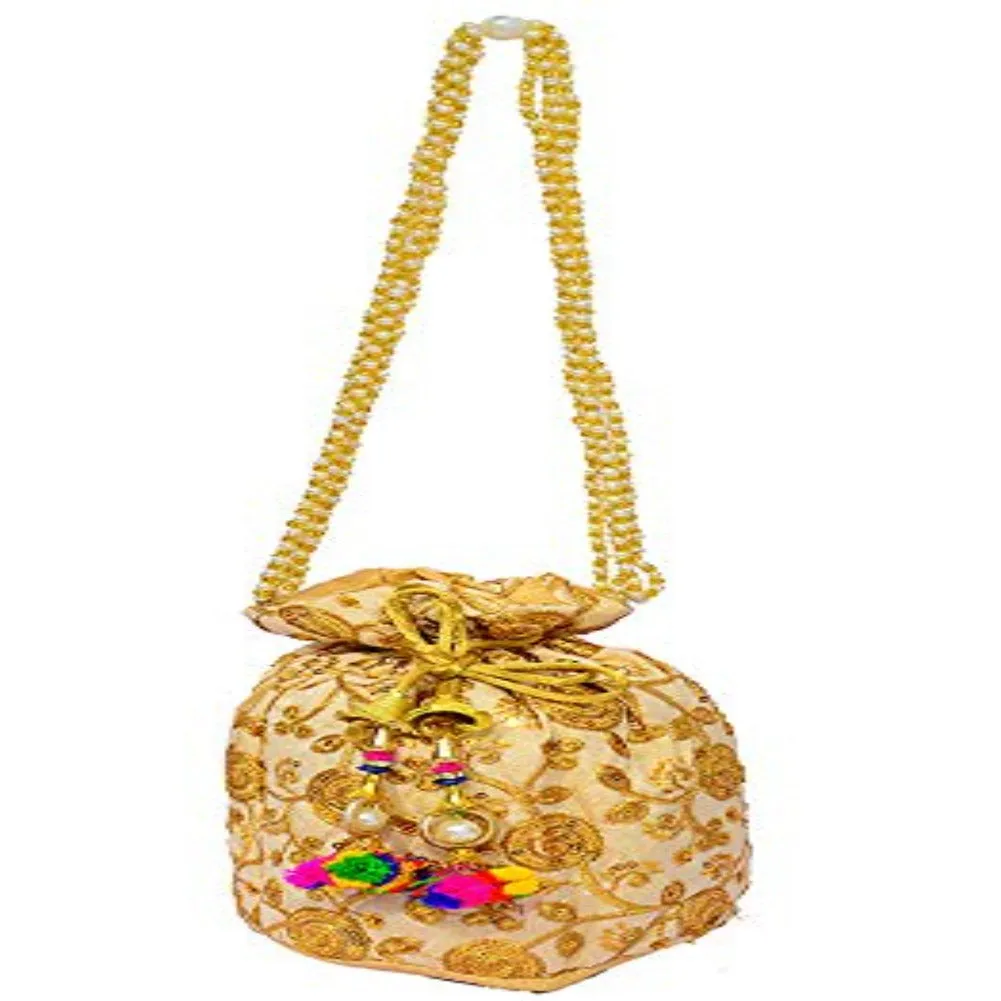 Multicolored Embroidered Silk Potli Bag With Pearl Drawstrings Wristlet Ethnic Clutch