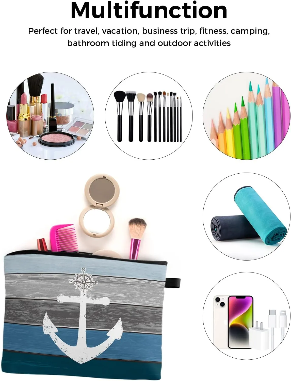 Navy Blue Grey Ombre Wood Makeup Bag - Large Capacity Travel Cosmetic Bag for Women Men, Beach Nautical Anchor Ocean Coastal Makeup Organizer Bag Waterproof Hanging Toiletry Bag Makeup Bags 1Pack