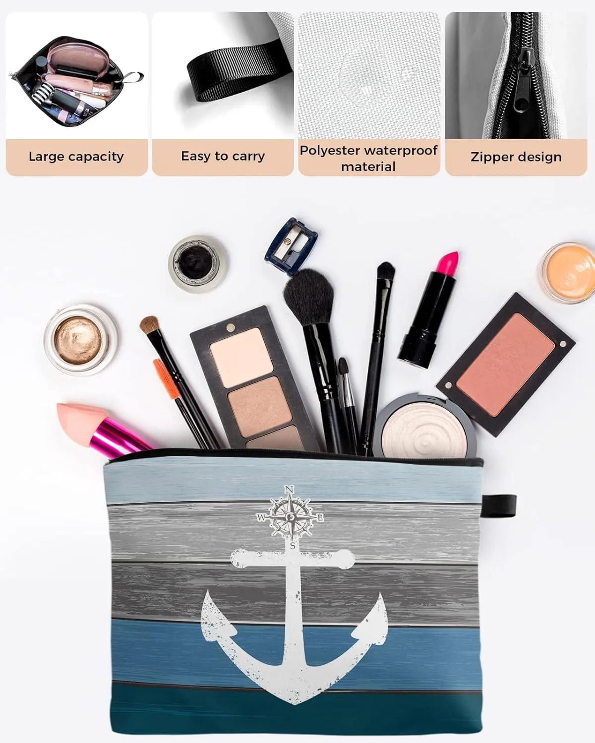 Navy Blue Grey Ombre Wood Makeup Bag - Large Capacity Travel Cosmetic Bag for Women Men, Beach Nautical Anchor Ocean Coastal Makeup Organizer Bag Waterproof Hanging Toiletry Bag Makeup Bags 1Pack