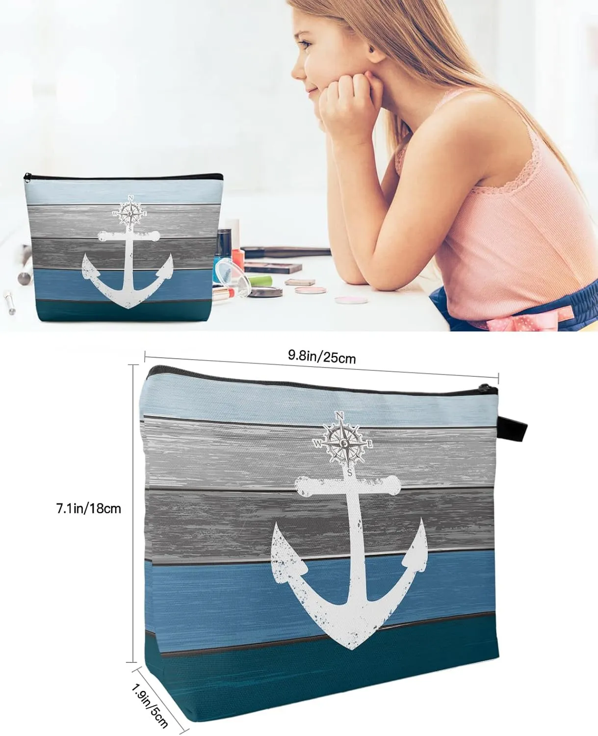 Navy Blue Grey Ombre Wood Makeup Bag - Large Capacity Travel Cosmetic Bag for Women Men, Beach Nautical Anchor Ocean Coastal Makeup Organizer Bag Waterproof Hanging Toiletry Bag Makeup Bags 1Pack