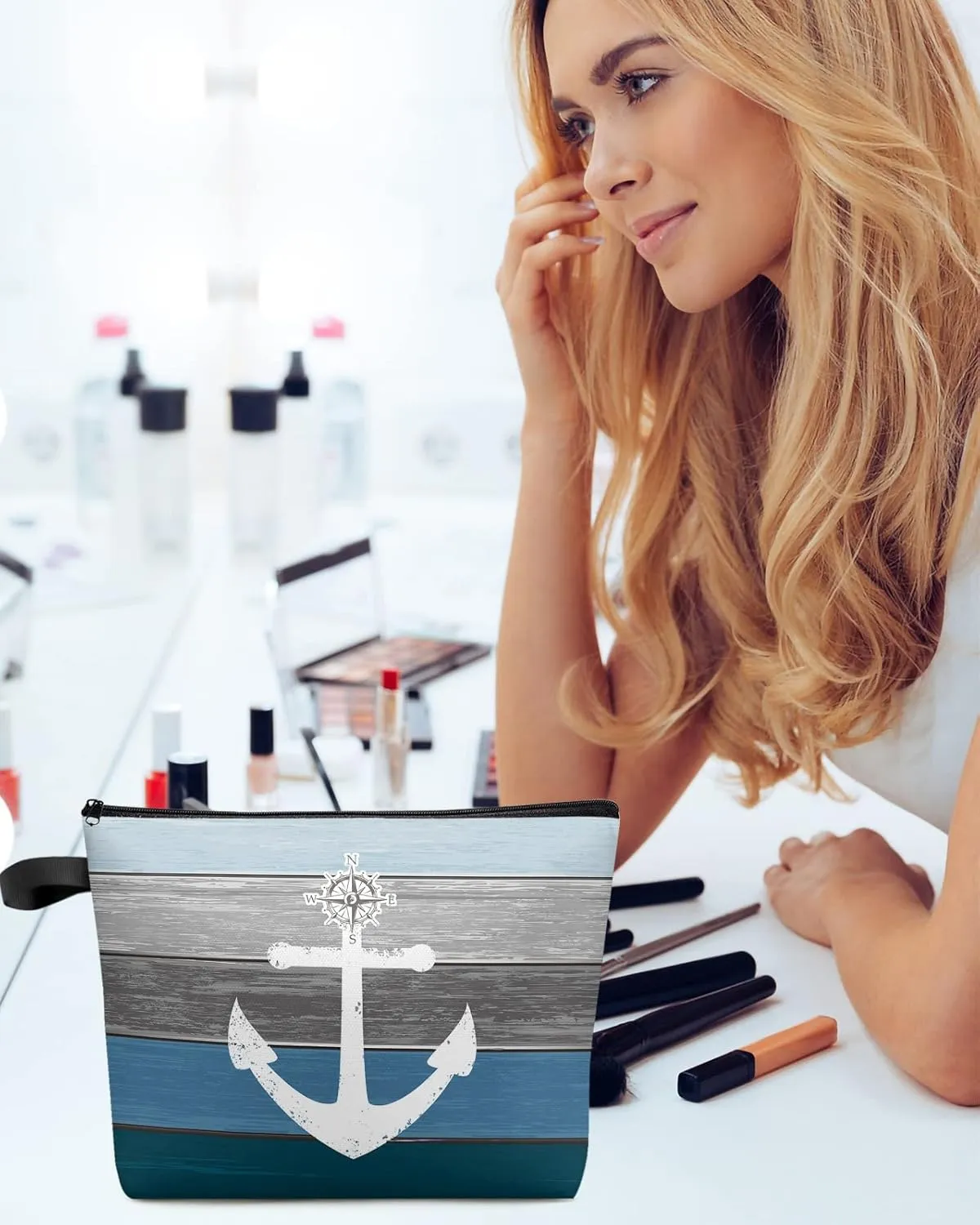 Navy Blue Grey Ombre Wood Makeup Bag - Large Capacity Travel Cosmetic Bag for Women Men, Beach Nautical Anchor Ocean Coastal Makeup Organizer Bag Waterproof Hanging Toiletry Bag Makeup Bags 1Pack