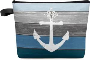 Navy Blue Grey Ombre Wood Makeup Bag - Large Capacity Travel Cosmetic Bag for Women Men, Beach Nautical Anchor Ocean Coastal Makeup Organizer Bag Waterproof Hanging Toiletry Bag Makeup Bags 1Pack
