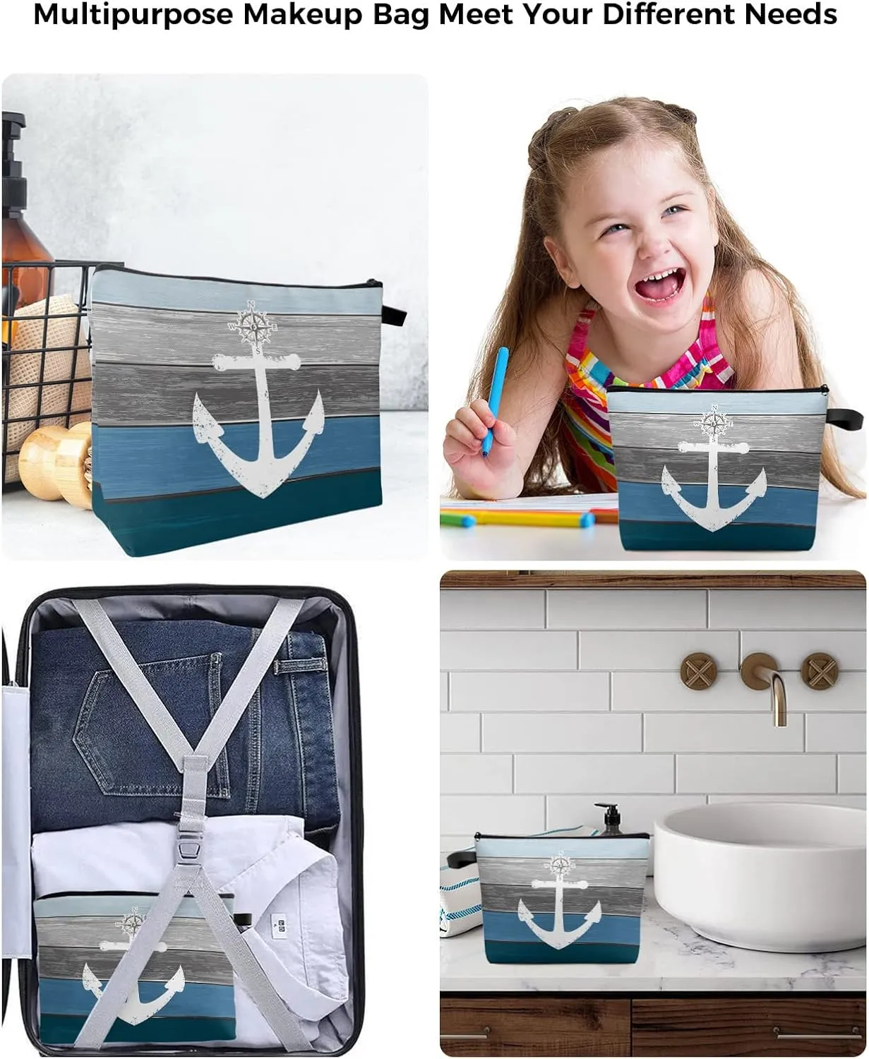 Navy Blue Grey Ombre Wood Makeup Bag - Large Capacity Travel Cosmetic Bag for Women Men, Beach Nautical Anchor Ocean Coastal Makeup Organizer Bag Waterproof Hanging Toiletry Bag Makeup Bags 1Pack