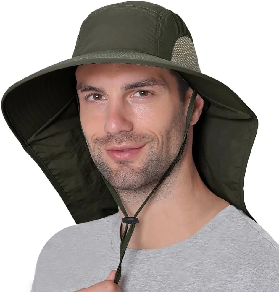 Neck Flap UV Protection Sun Hat for Men Wide Brim Outdoor UPF50  Fishing Gardening Hiking Safari Cap with Mesh Sides