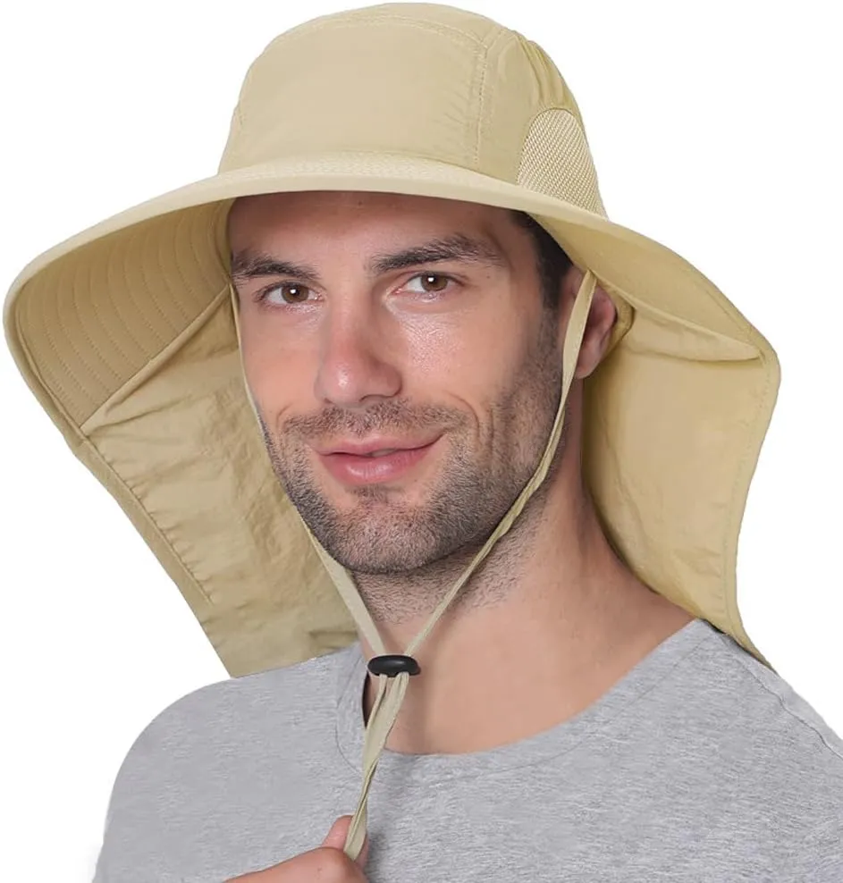 Neck Flap UV Protection Sun Hat for Men Wide Brim Outdoor UPF50  Fishing Gardening Hiking Safari Cap with Mesh Sides