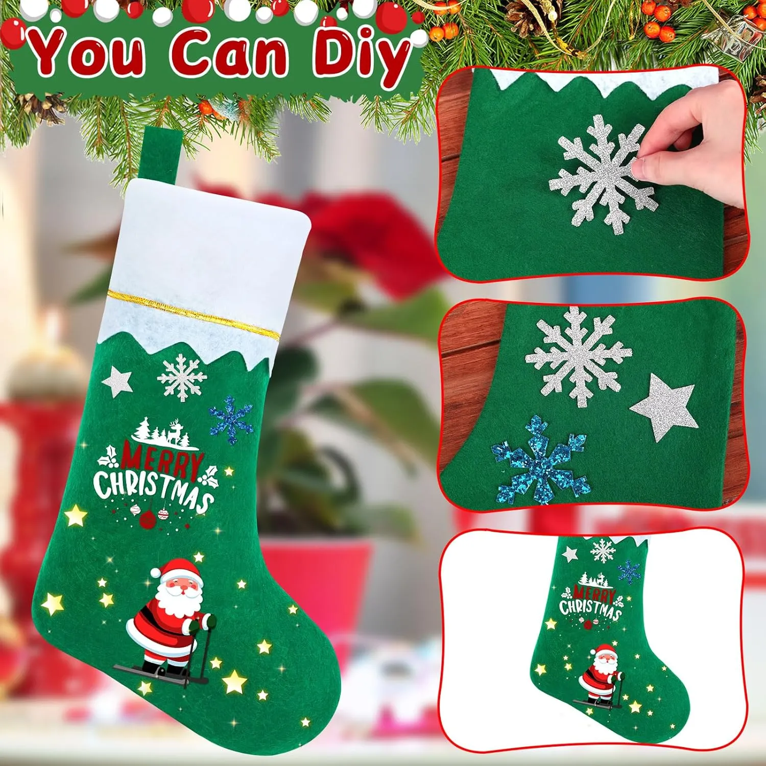 NOVWANG 10 Pack Christmas Stockings, Hanging Xmas Home Decor Christmas Stocking Bags Holiday Decorations Stockings Green Christmas Stockings Bulk