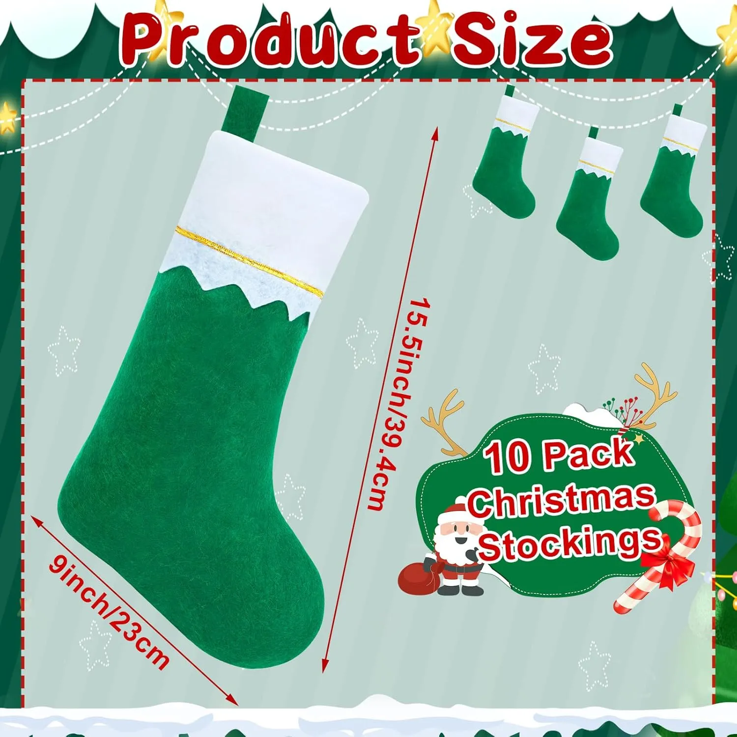NOVWANG 10 Pack Christmas Stockings, Hanging Xmas Home Decor Christmas Stocking Bags Holiday Decorations Stockings Green Christmas Stockings Bulk