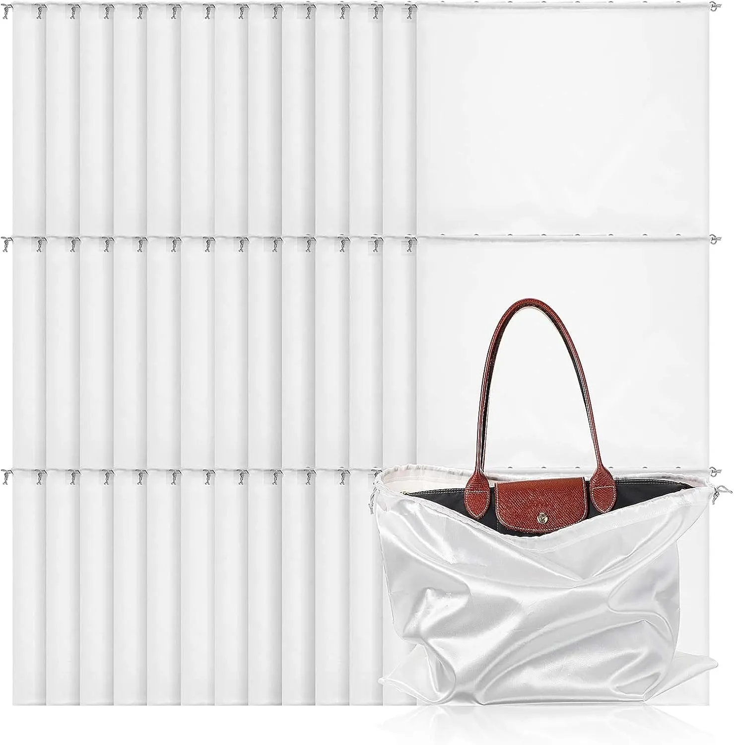 Nuogo 48 Pack Dust Bags for Purses and Handbags, Silk Dust Cover Dustproof Drawstring Bag Bulk Silky Large Travel Storage Pouch Organizer for Cloth Shoes Boots Protector, White, 19.6 x 15.7 Inch