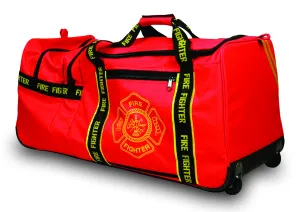 OccuNomix OK-6565001 Large Gear Bag with Wheels, “Firefighter” Woven In Reflective Trim Along Bag Straps, Maltese Cross Logo, 3 Compartments with 2 Outside Zip Pockets, 29” x 17” x 16”, Red
