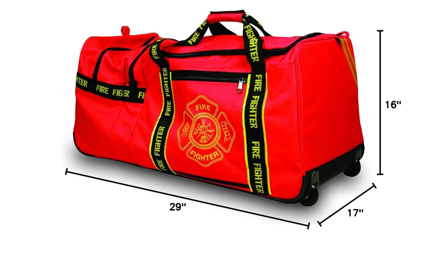 OccuNomix OK-6565001 Large Gear Bag with Wheels, “Firefighter” Woven In Reflective Trim Along Bag Straps, Maltese Cross Logo, 3 Compartments with 2 Outside Zip Pockets, 29” x 17” x 16”, Red