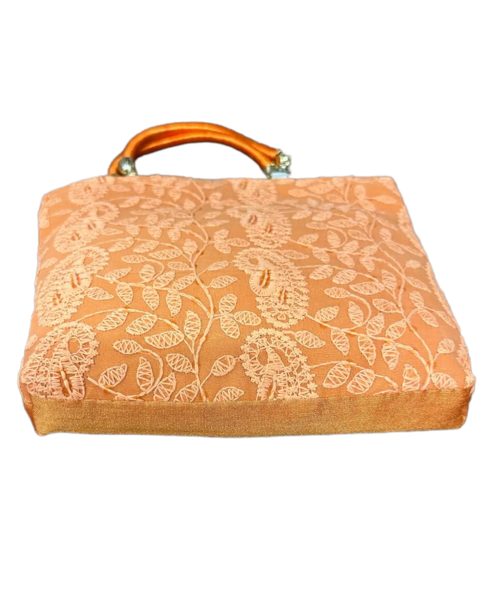 Orange Lucknowi Chikankari Embroidery Hand Bag Purse