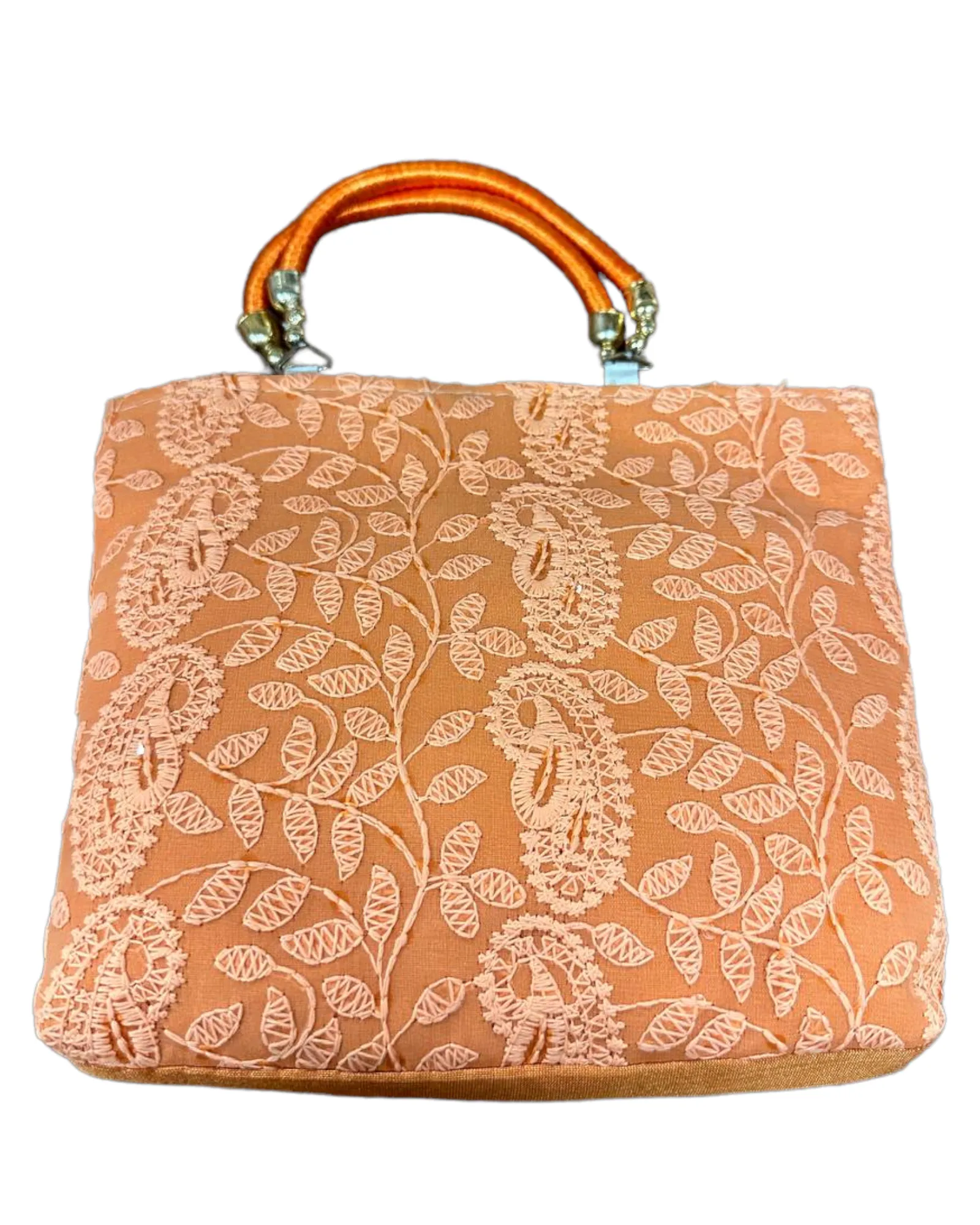 Orange Lucknowi Chikankari Embroidery Hand Bag Purse