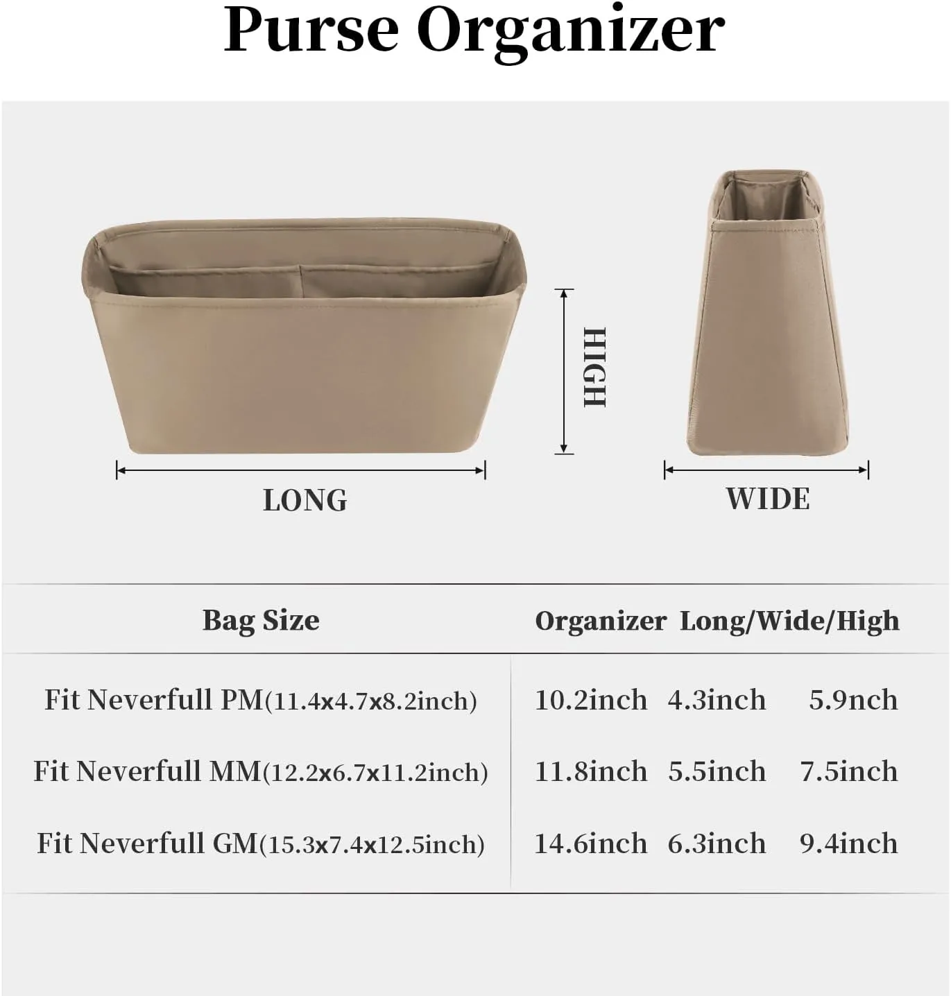 Organizer for LV Neverfull PM Tote Bags, Purse Bags Organizer with Silky Satin, Lightweight Shaper for Daily Use, Multiple Pockets for Storage (Neverfull PM, Gris Tourterelle)