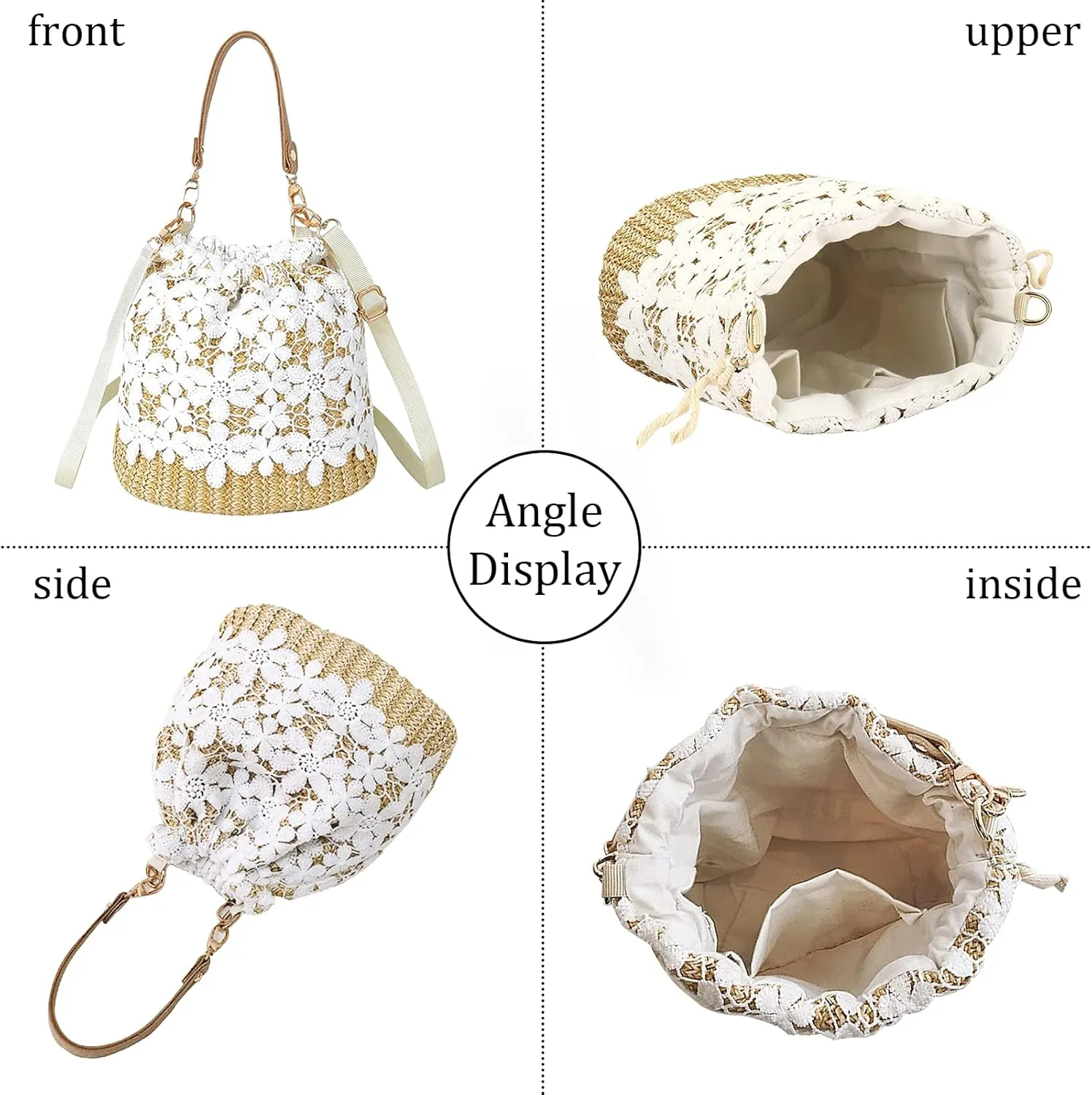 Orgonite Bucket Straw Handbag, Handmade Tote Bag with Pearl Flower, Beach Woven Bag Rattan Basket Purse Drawstring for Women