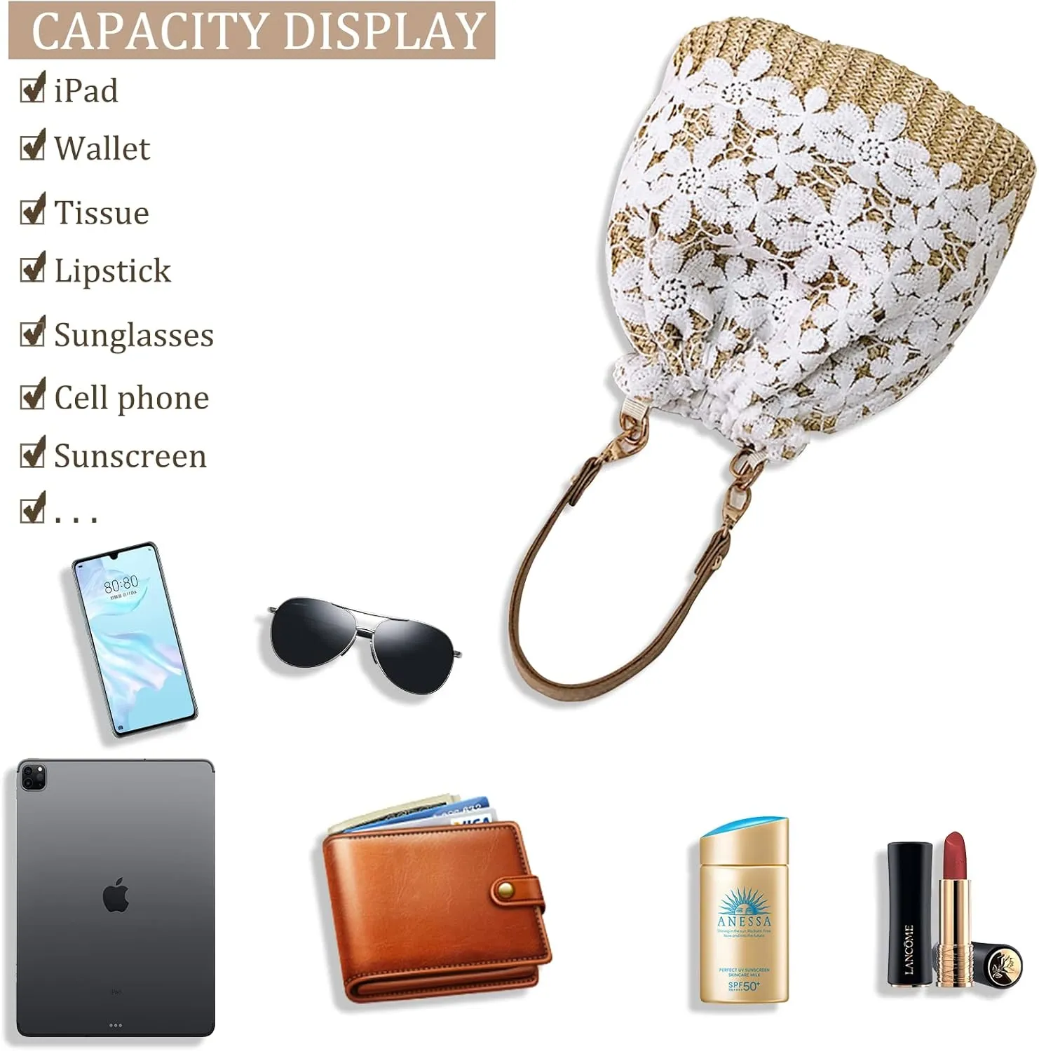 Orgonite Bucket Straw Handbag, Handmade Tote Bag with Pearl Flower, Beach Woven Bag Rattan Basket Purse Drawstring for Women