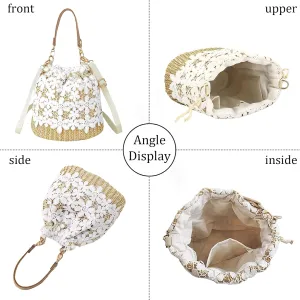 Orgonite Bucket Straw Handbag, Handmade Tote Bag with Pearl Flower, Beach Woven Bag Rattan Basket Purse Drawstring for Women