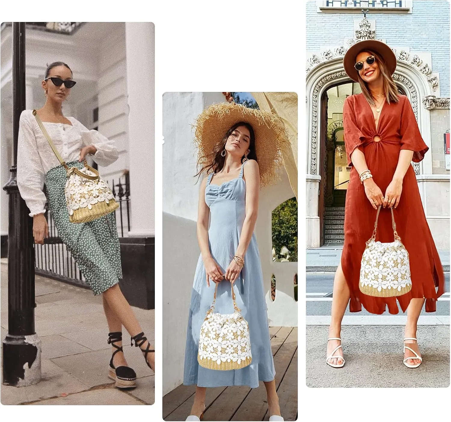 Orgonite Bucket Straw Handbag, Handmade Tote Bag with Pearl Flower, Beach Woven Bag Rattan Basket Purse Drawstring for Women