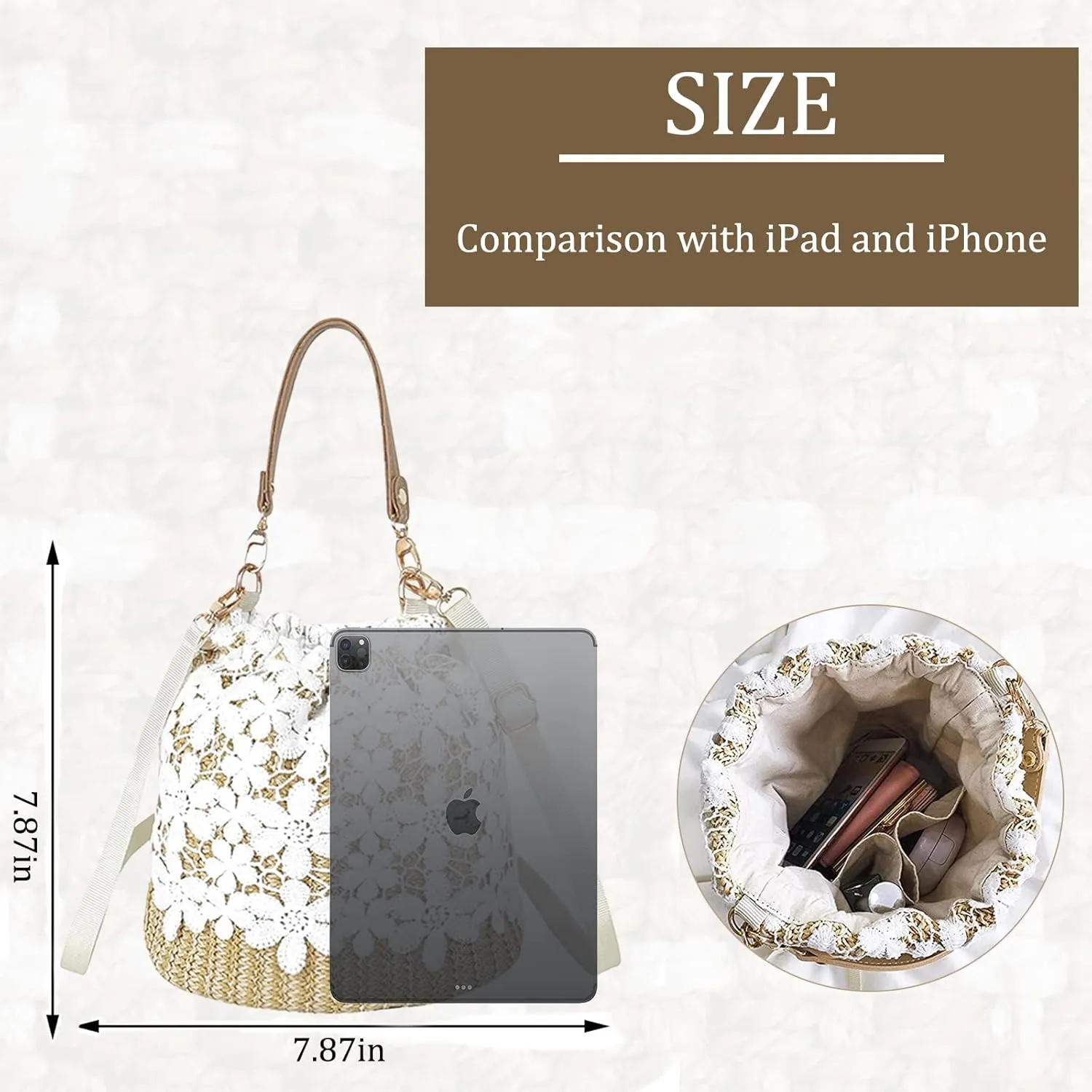 Orgonite Bucket Straw Handbag, Handmade Tote Bag with Pearl Flower, Beach Woven Bag Rattan Basket Purse Drawstring for Women