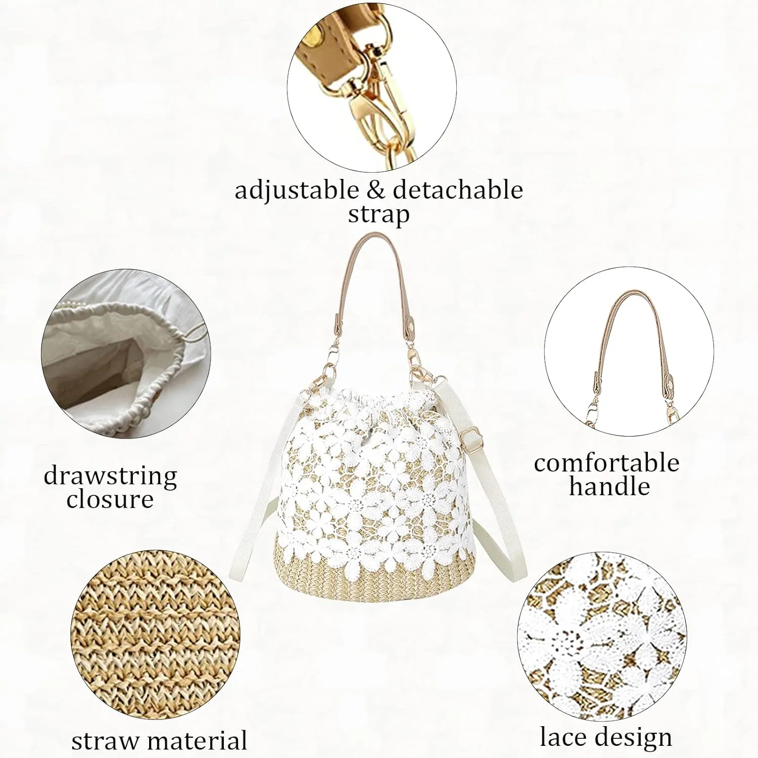 Orgonite Bucket Straw Handbag, Handmade Tote Bag with Pearl Flower, Beach Woven Bag Rattan Basket Purse Drawstring for Women