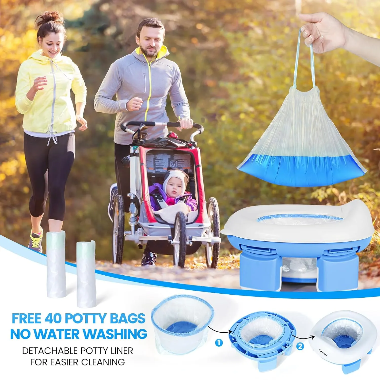 Orzbow Portable Potty Training Toilet for Boys and Girls with Storage Bag - Foldable Travel Potty Chair, Toddler Potty Seat for Indoor and Outdoor, Easy to Clean, Includes Free 40pcs Travel Bags, Blue