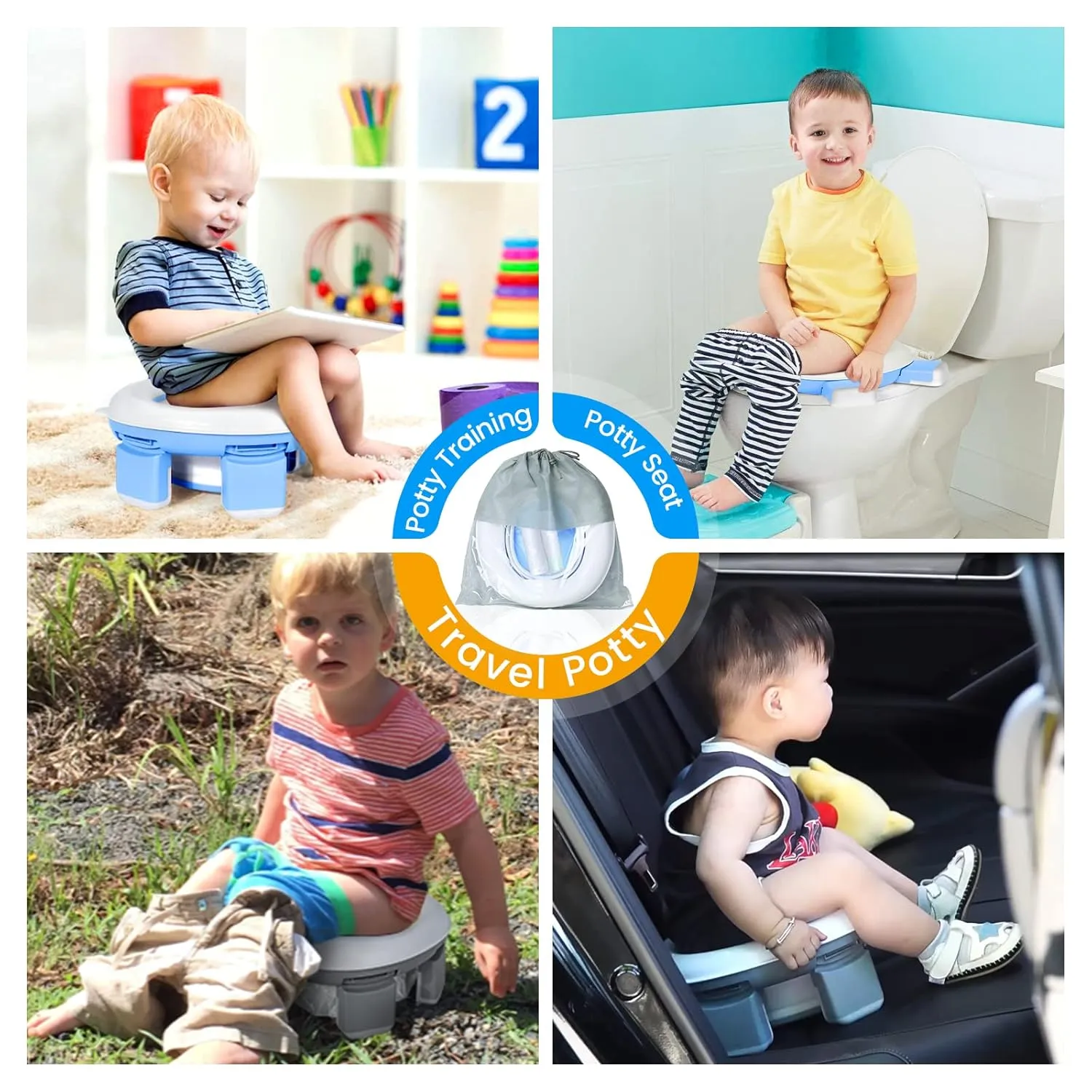 Orzbow Portable Potty Training Toilet for Boys and Girls with Storage Bag - Foldable Travel Potty Chair, Toddler Potty Seat for Indoor and Outdoor, Easy to Clean, Includes Free 40pcs Travel Bags, Blue