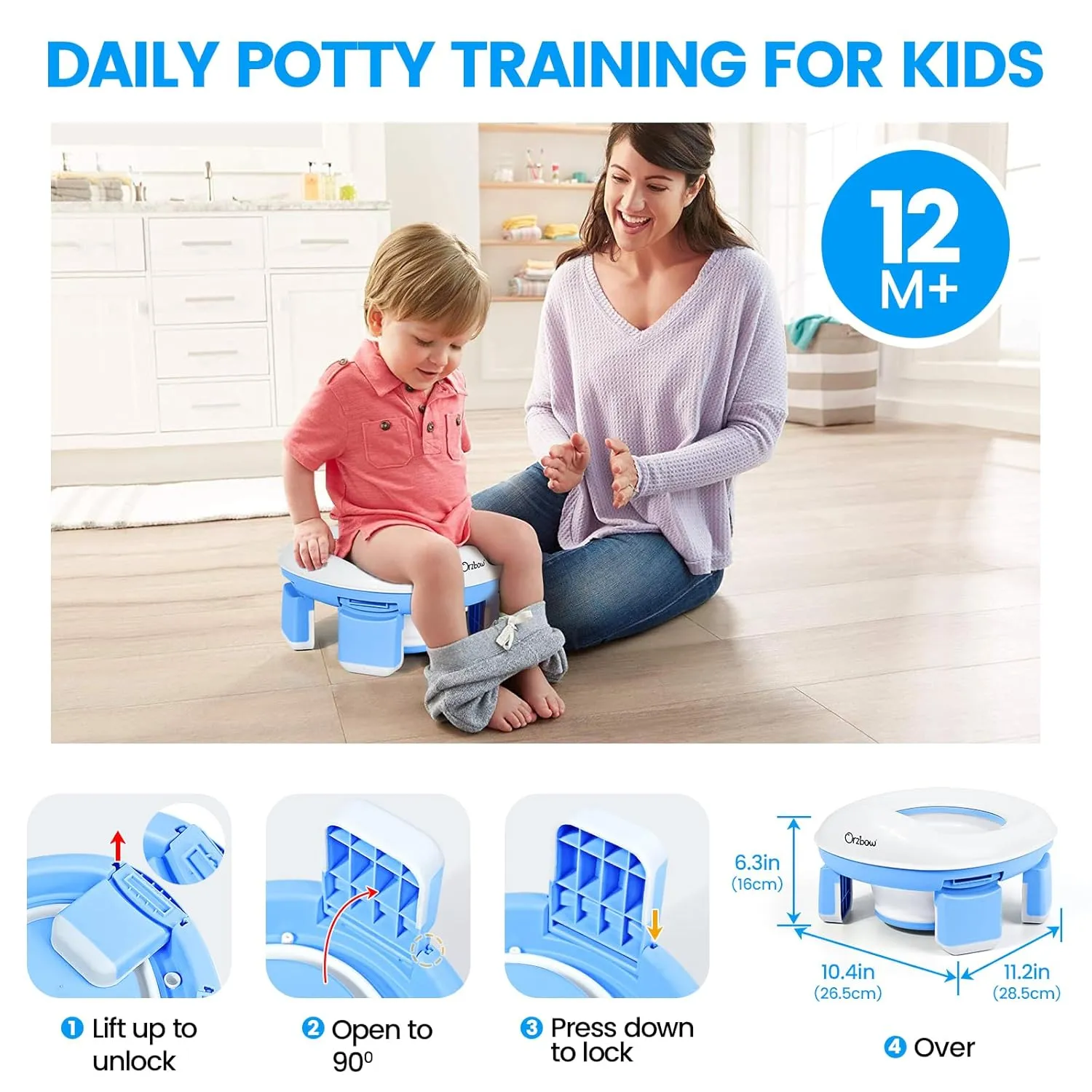 Orzbow Portable Potty Training Toilet for Boys and Girls with Storage Bag - Foldable Travel Potty Chair, Toddler Potty Seat for Indoor and Outdoor, Easy to Clean, Includes Free 40pcs Travel Bags, Blue