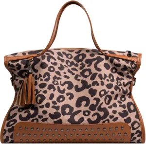 Oversized Leopard Purse,Women Studded Tote Handbags Animal Printing Punk Large Shoulder Bags Hobo Tassel Rocker Rivet