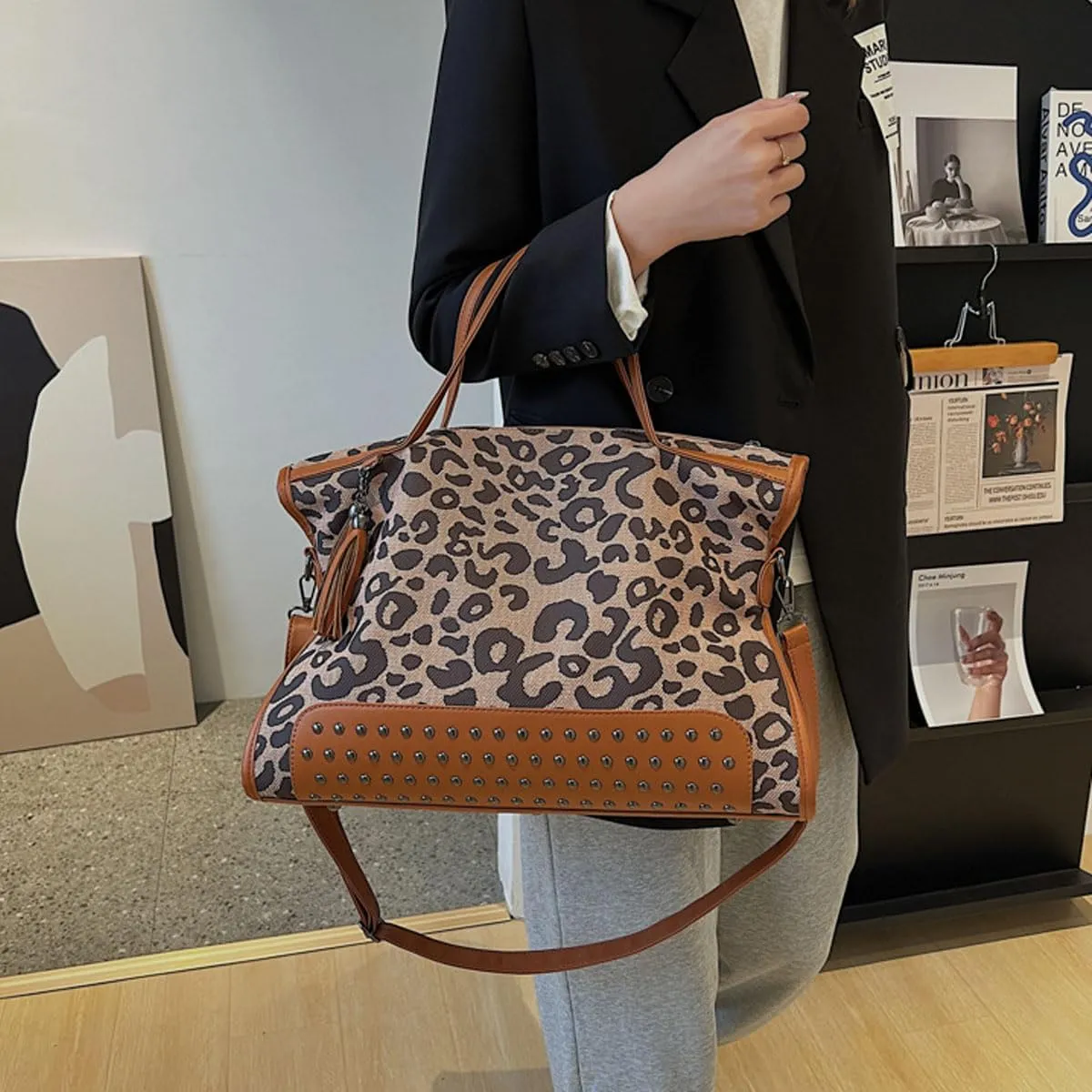 Oversized Leopard Purse,Women Studded Tote Handbags Animal Printing Punk Large Shoulder Bags Hobo Tassel Rocker Rivet