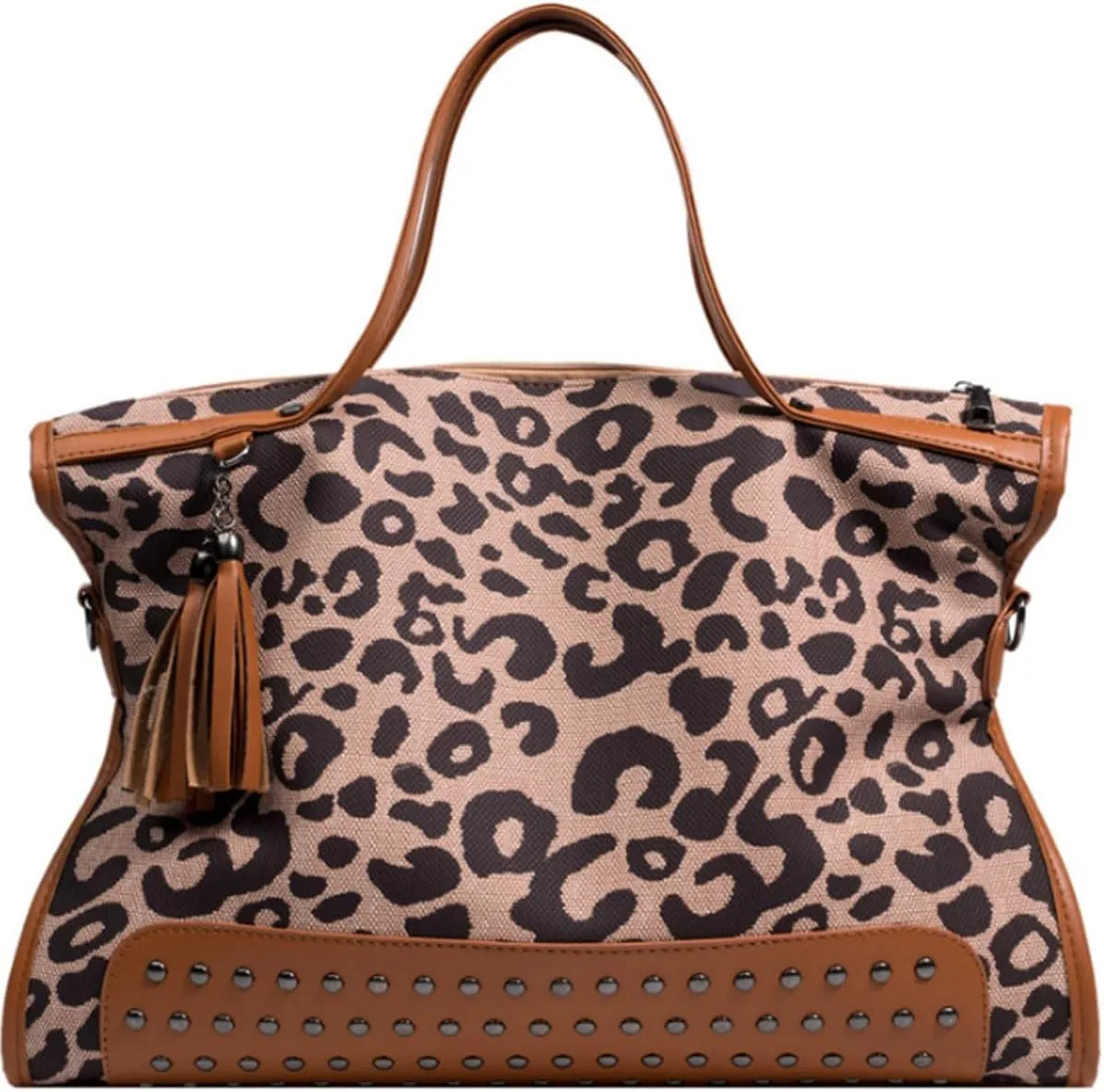 Oversized Leopard Purse,Women Studded Tote Handbags Animal Printing Punk Large Shoulder Bags Hobo Tassel Rocker Rivet