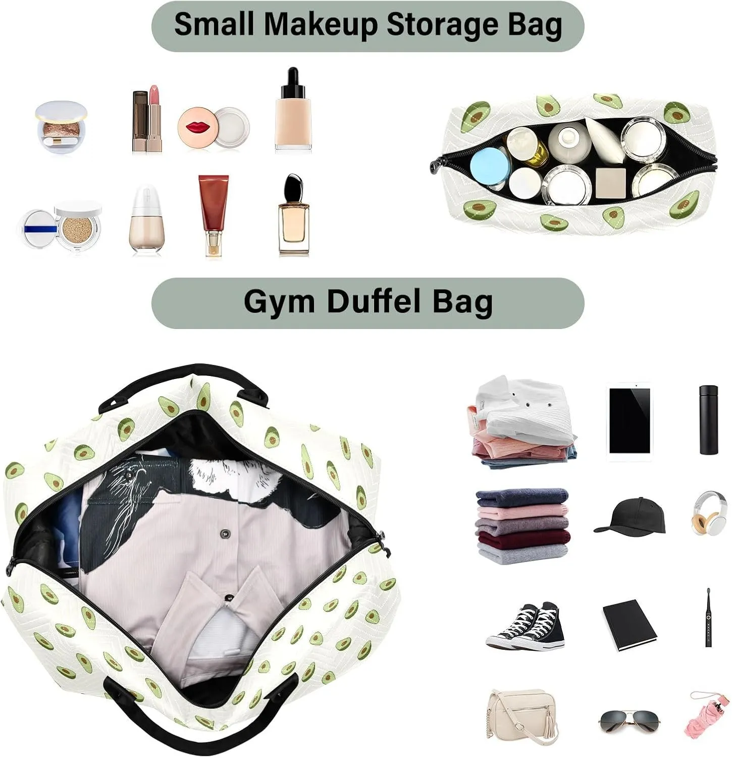 Oversized Travel Duffel Bag Avocado Green Carry on Bag with Toiletry Bag Gym Bag for Trekking Airplane Traveling 2 Pcs Set