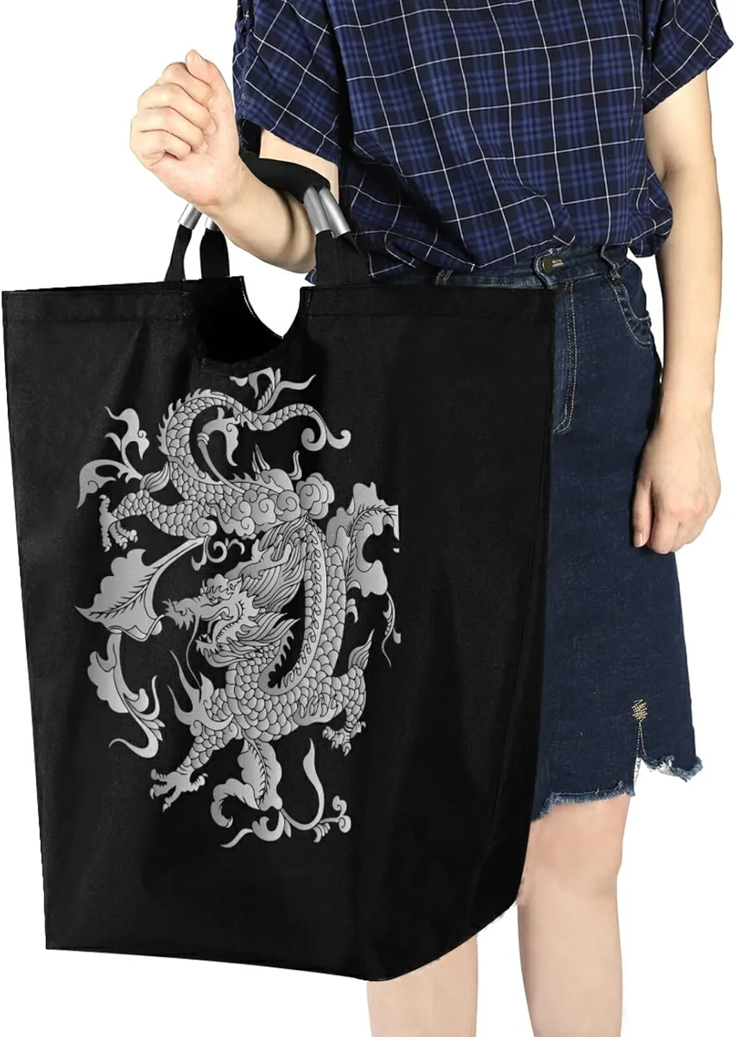 Oyihfvs Traditional Chinese Silver Grey Dragon on Black Dark Laundry Hamper Basket Bucket, Foldable Dirty Clothes Bag, Waterproof Fabric Washing Bin, Toy Storage with Handles for Bathroom