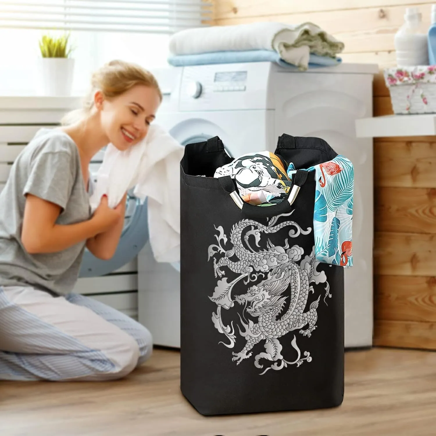 Oyihfvs Traditional Chinese Silver Grey Dragon on Black Dark Laundry Hamper Basket Bucket, Foldable Dirty Clothes Bag, Waterproof Fabric Washing Bin, Toy Storage with Handles for Bathroom
