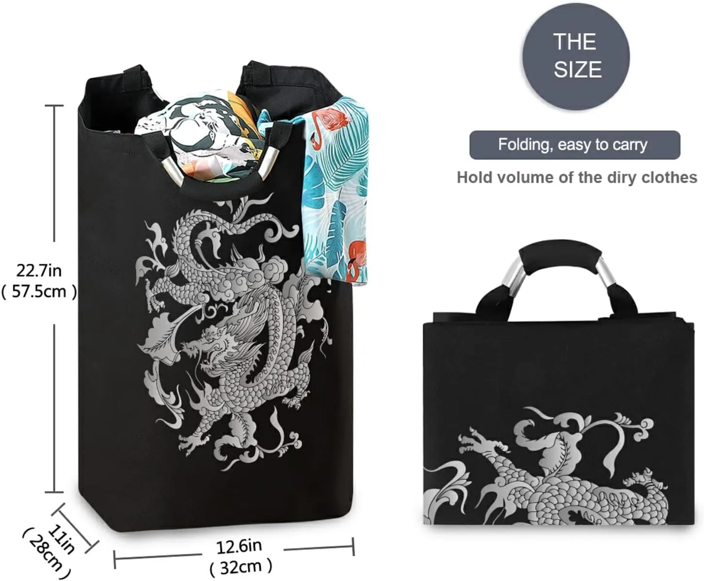Oyihfvs Traditional Chinese Silver Grey Dragon on Black Dark Laundry Hamper Basket Bucket, Foldable Dirty Clothes Bag, Waterproof Fabric Washing Bin, Toy Storage with Handles for Bathroom