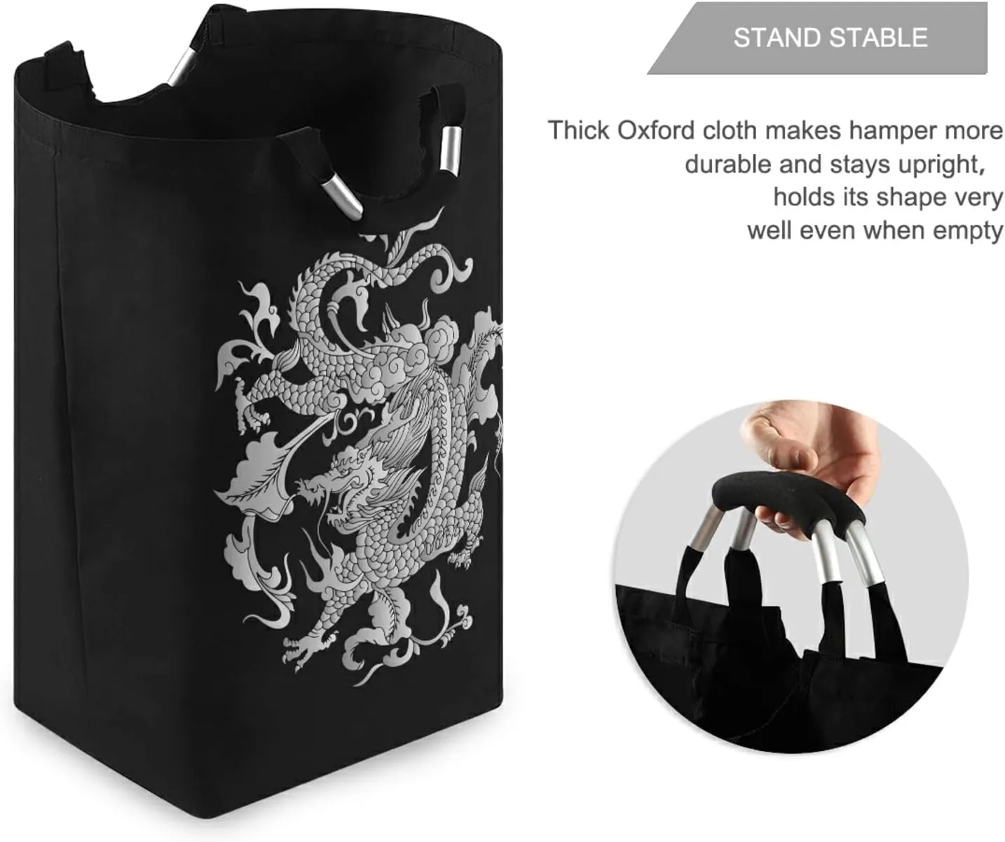 Oyihfvs Traditional Chinese Silver Grey Dragon on Black Dark Laundry Hamper Basket Bucket, Foldable Dirty Clothes Bag, Waterproof Fabric Washing Bin, Toy Storage with Handles for Bathroom