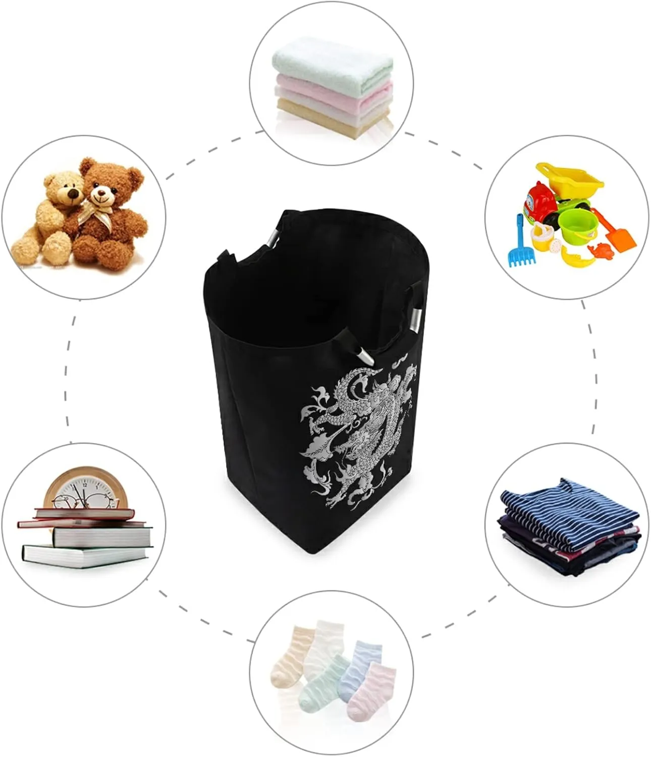 Oyihfvs Traditional Chinese Silver Grey Dragon on Black Dark Laundry Hamper Basket Bucket, Foldable Dirty Clothes Bag, Waterproof Fabric Washing Bin, Toy Storage with Handles for Bathroom