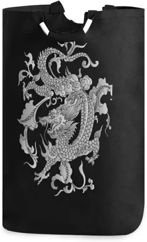 Oyihfvs Traditional Chinese Silver Grey Dragon on Black Dark Laundry Hamper Basket Bucket, Foldable Dirty Clothes Bag, Waterproof Fabric Washing Bin, Toy Storage with Handles for Bathroom